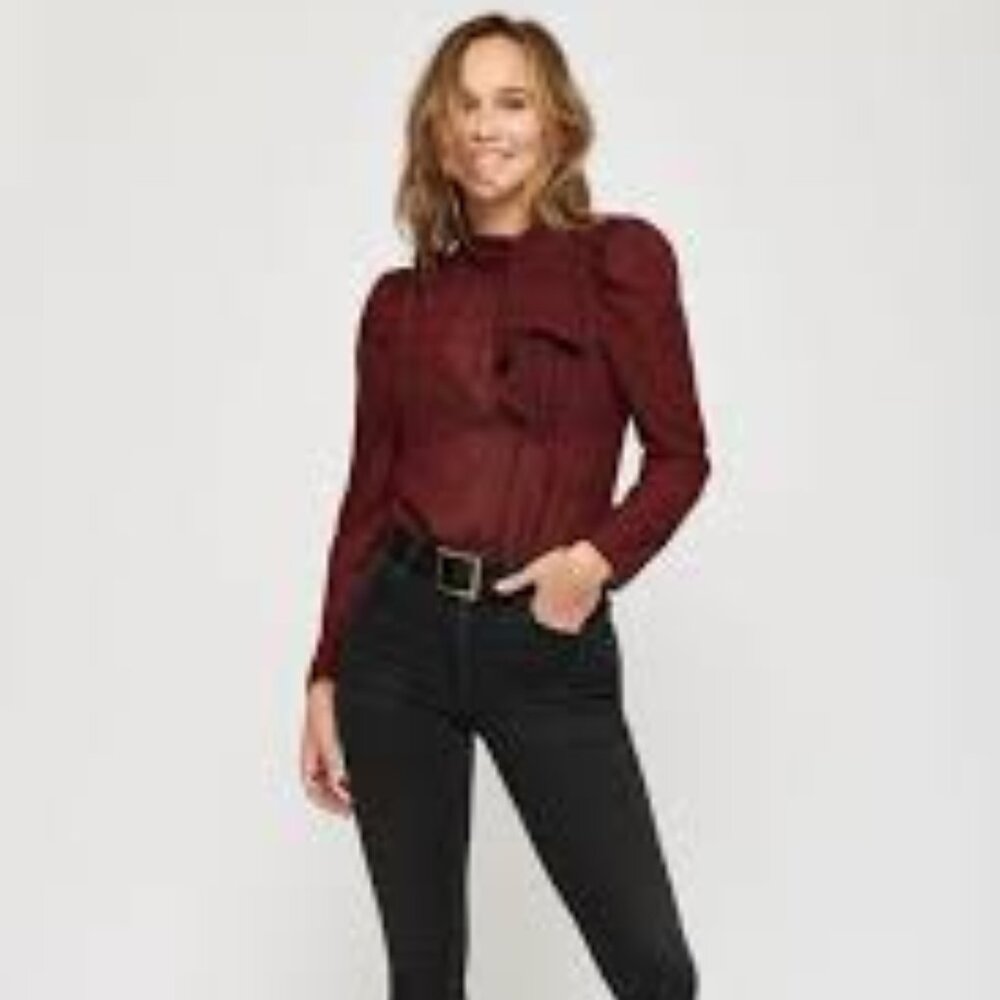 NWT DYNAMITE | Kaia Mock Neck Blouse w/ Bow Long Sleeve Top | Sz. S - Picture 3 of 13